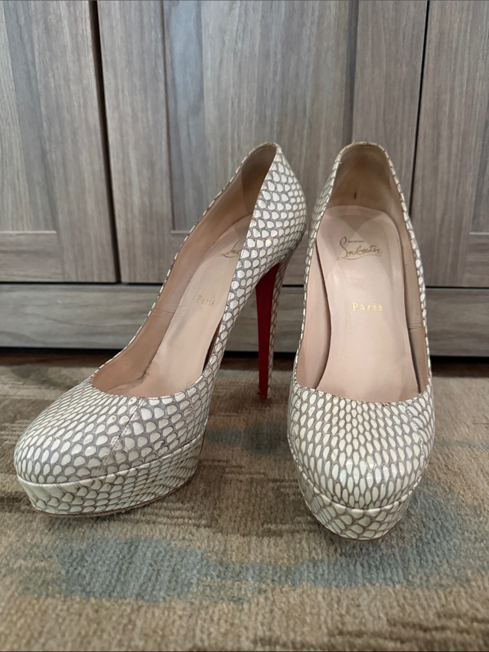 Christian Louboutin Ivory Snake-Print Platform Pumps with Red Sole